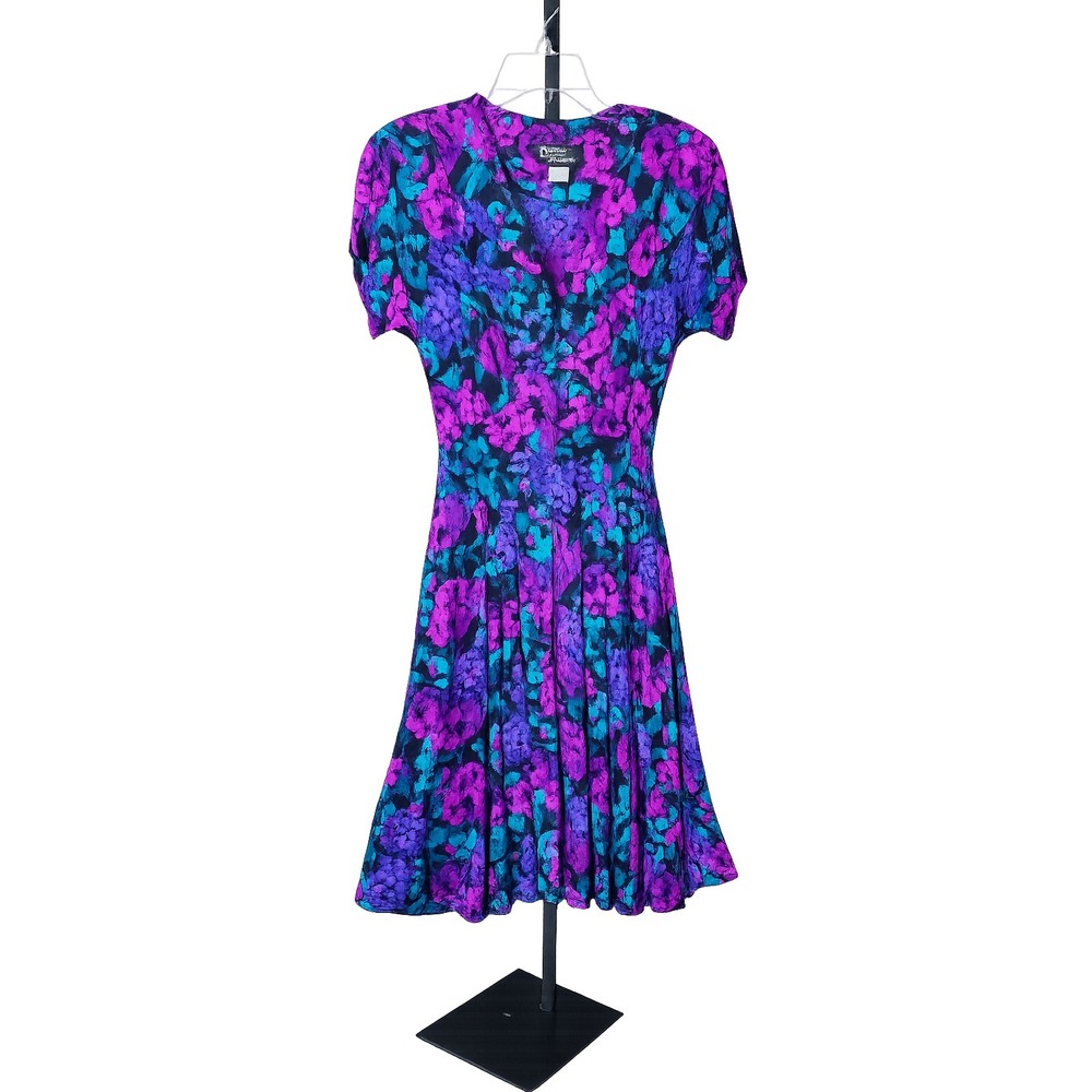 Vintage Dawn Joy Fashions Floral Midi Dress Purple Teal 80s Made in USA 9-10